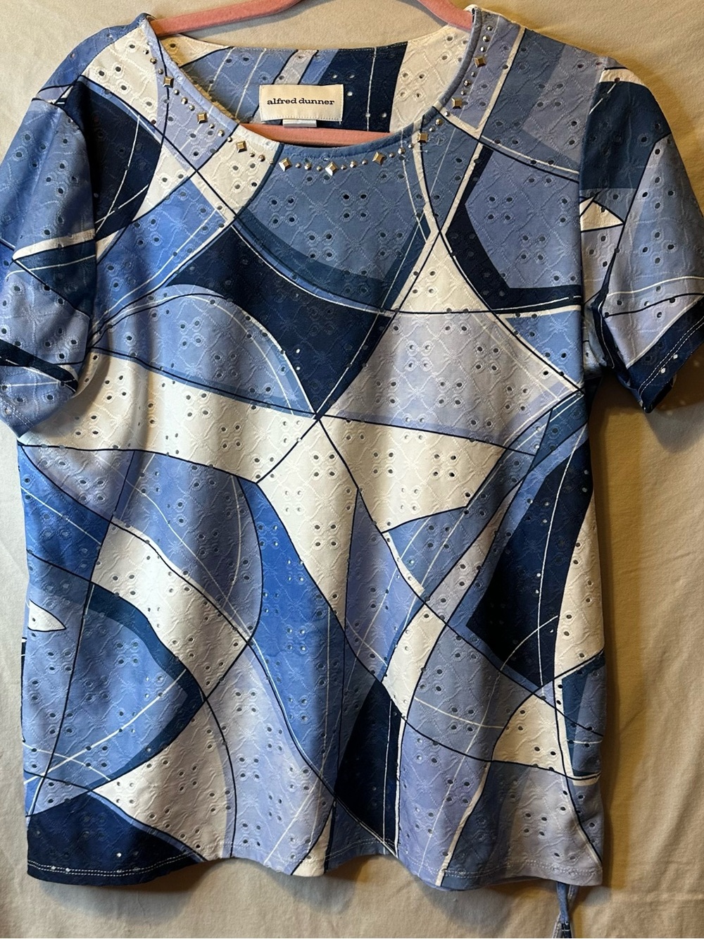 Alfred Dunner Blue and White Abstract Eyelet Top